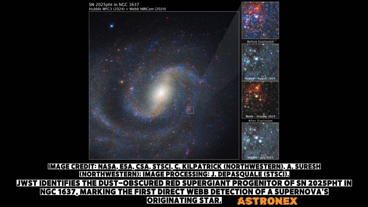 Composite Hubble and JWST image of spiral galaxy NGC 1637 highlighting the dust-enshrouded red supergiant progenitor of supernova SN 2025pht before and after explosion.